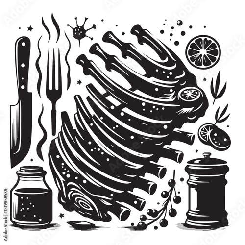 Black BBQ Ribs Silhouette Vector, High Quality Illustration on White Background