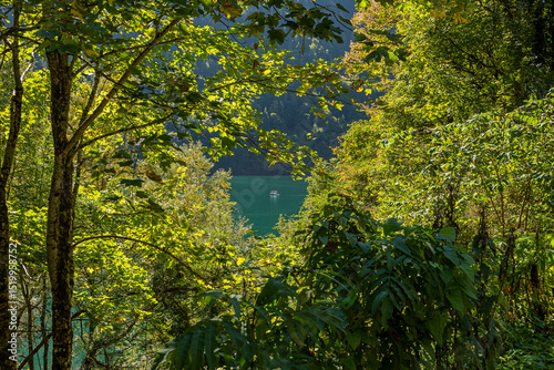 Beautiful view of the famous lake Ritsa in the mountains of Abkhazia through the branches of trees, unusual turquoise water. Warm autumn day