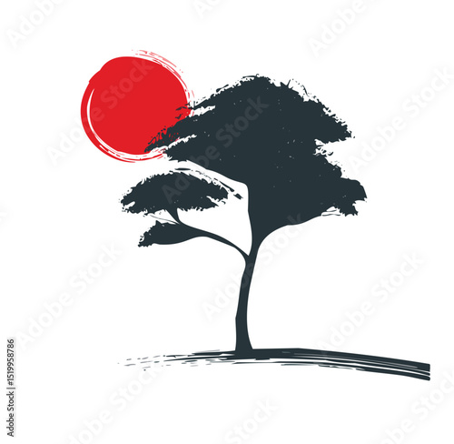 Silhouetted tree under a red sun japanese art style