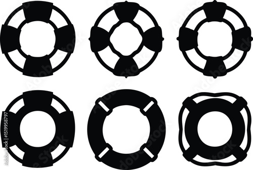 Silhouette vector set of lifebuoy rescue rings in different styles, ideal for safety signage, marine rescue, nautical equipment visuals, and emergency preparedness themes