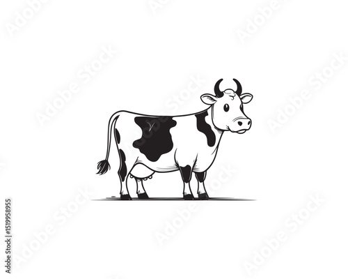 A charming black and white illustration features a smiling cartoon cow, ideal for children's projects and farming-related designs.