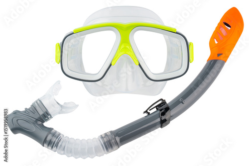 Diver or snorkeling mask and snorkel set. Snorkeling accessory for swimmer in ocean, pool. Kids, children, adult Unisex diver set. Swimming goggles, glasses. Summer beach vacation. Isolated background
