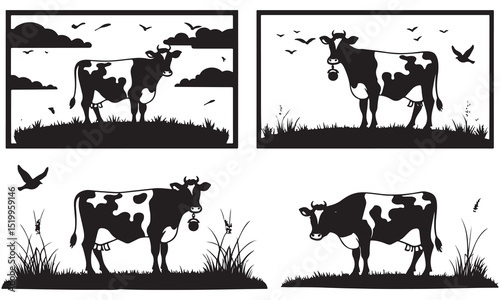 Detailed black and white vector illustrations showcase cows in various poses, perfect for depicting farming and livestock concepts.