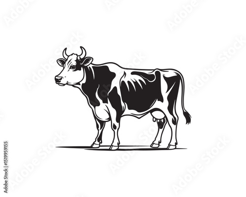 A sophisticated black and white vector illustration showcases an elegant cow, perfect for various design applications. 