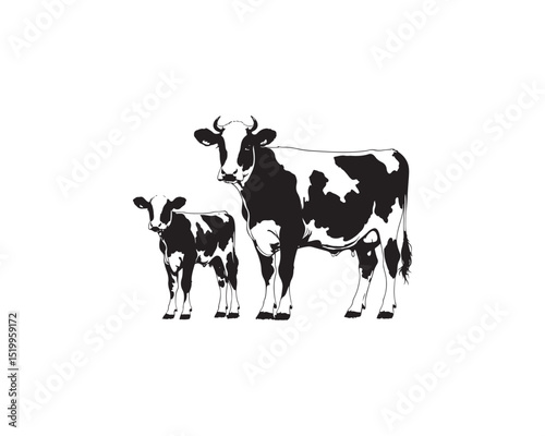 A charming black and white vector illustration depicts a mother cow and her calf standing side-by-side.