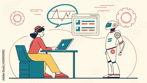 Illustration of woman using ai trading bot for stock market analysis and investment strategy design