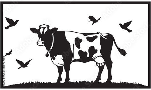 A detailed black and white vector illustration depicts a spotted cow standing alone against a clean white background.