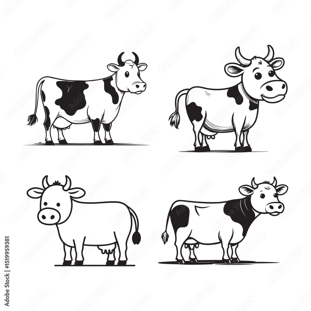 Fototapeta premium This vector file showcases a delightful collection of four charming cow illustrations in a classic black and white palette.