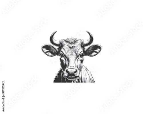 A detailed black and white vector illustration depicts a majestic cow facing the viewer, isolated against a clean white background.