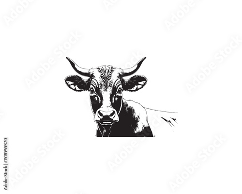 A highly detailed black and white vector illustration presents a striking portrait of a cow head.