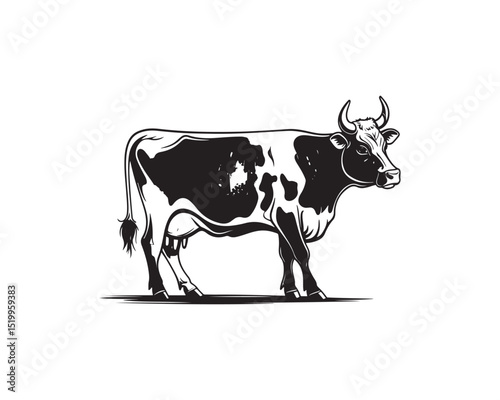 A detailed black and white vector illustration depicts a spotted cow standing alone against a clean white background.
