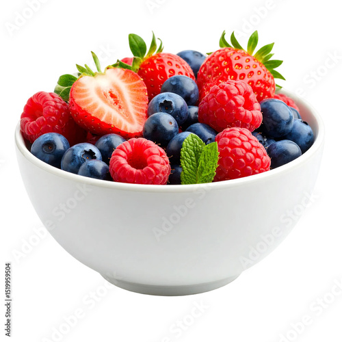 Bowl of fresh berries strawberries raspberries and blueberries closeup view isolated on transparent background