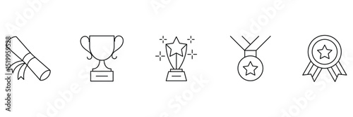 Awards icon set. Containing trophy, winner, medal, winner prize, success, best, reward, champion, star, certificate, badge and more. Awards badge outline icon set. Vector illustration.