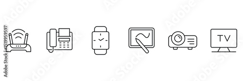 Device and Technology thin outline icons set. Electronic devices and gadgets icons for web. Smart devices, land phone, wi-fi, tv, tablet, projector, smart watch. Vector illustration.