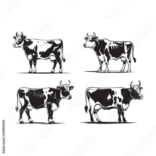 Elegant black and white vector illustrations depict four stylized cows in various poses, perfect for representing dairy farming or general agriculture concepts.