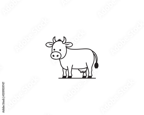 A simple, charming black and white outline illustration features a cute and friendly dairy cow against a clean white backdrop