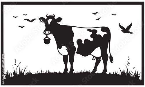 A classic black and white illustration depicts a simple, yet elegant silhouette of a cow grazing.