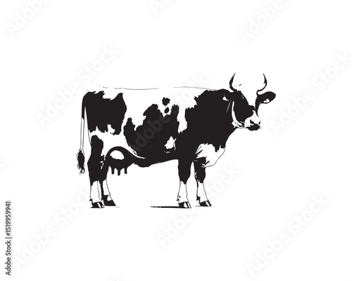 Elegant black and white vector illustration depicts a dairy cow standing poised against a clean white backdrop.