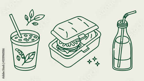 Healthy lunch box illustration with sandwich, juice and water bottle vector line art design template concept