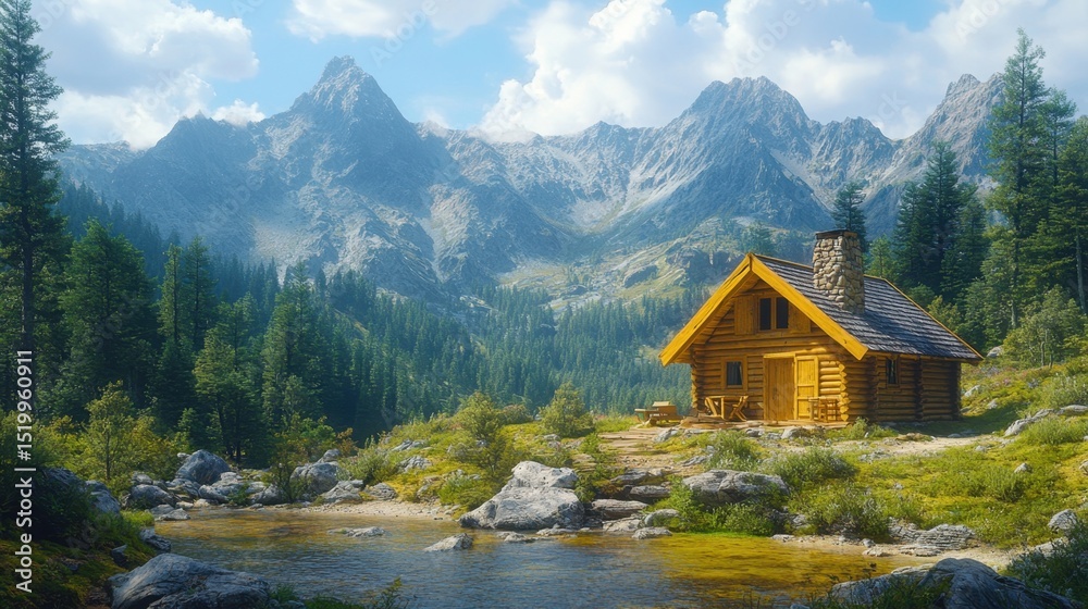 Naklejka premium Wooden cabin in mountains. Rustic house with chimney near green forest and rocky mountain background. Nature landscape. Peaceful retreat, vacation home, rural area, getaway. Summer day.