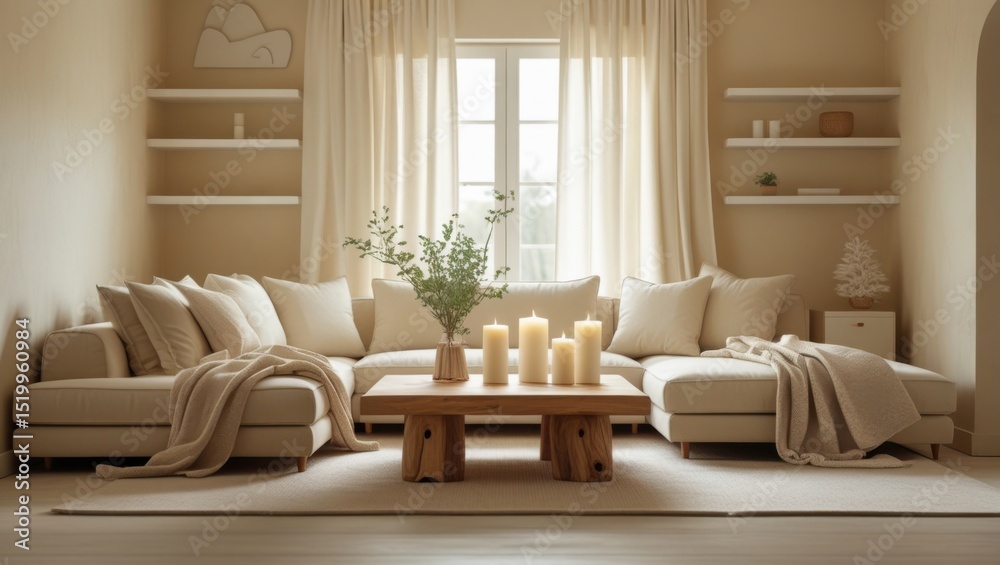 Fototapeta premium A serene living room with a large sectional sofa, candles, and natural light creating a cozy atmosphere