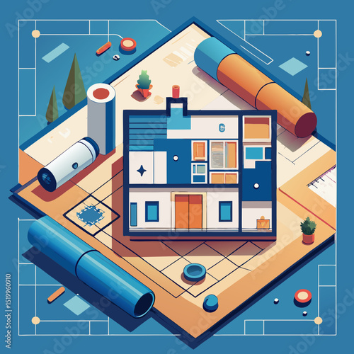 Home Blueprint with Construction Tools – Isometric Vector Layout