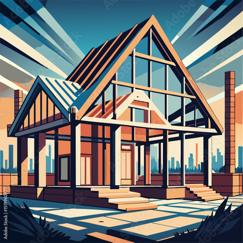 Wooden House Frame Under Construction – Outline Style Vector