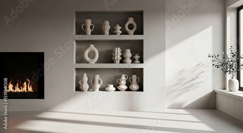 Modern Interior With Concrete Walls Recessed Shelves Decorative Vases Fireplace and Sunlight