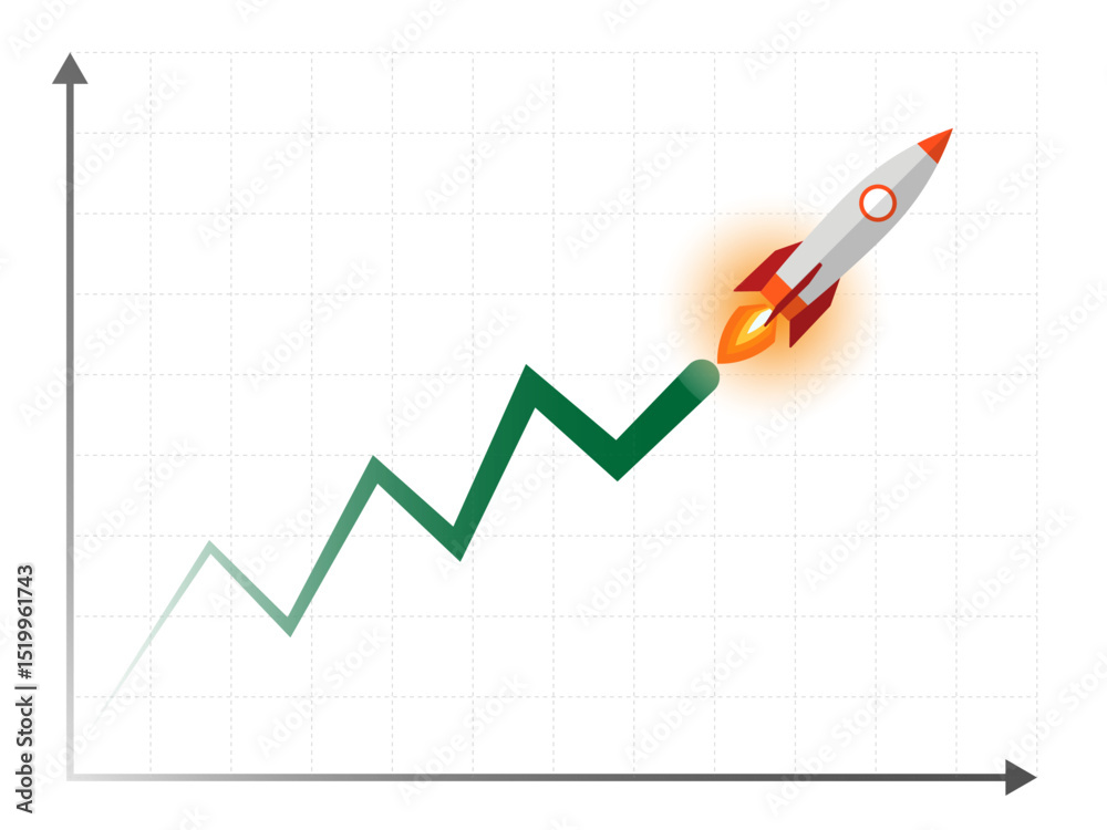 Rocket soaring with rising green graph line Rocket soaring with rising green graph line