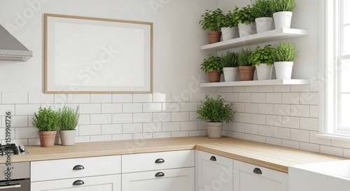 Modern Kitchen Interior With Wooden Countertop White Cabinets Shelves and Potted Green Plants