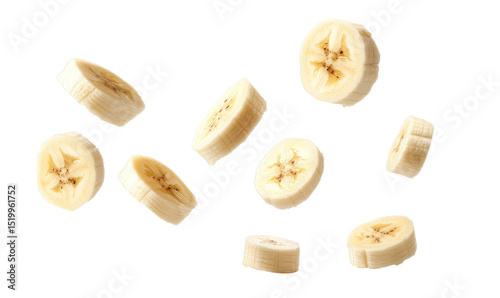 Round pieces Banana falling in the air isolated on transparent background Remove png