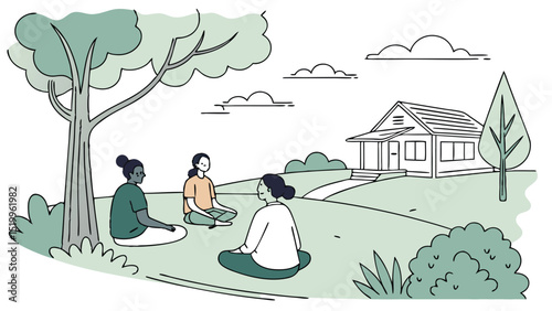 Outdoor wellness retreat yoga meditation group session in nature for mental health and wellbeing practice