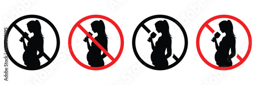 No Alcohol During Pregnancy – Vector Flat Icon Set for Health and Safety Awareness