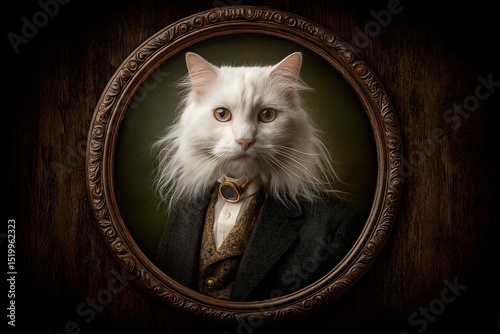 Portrait of a White Longhair Cat in Formal Wear, Vintage Style
