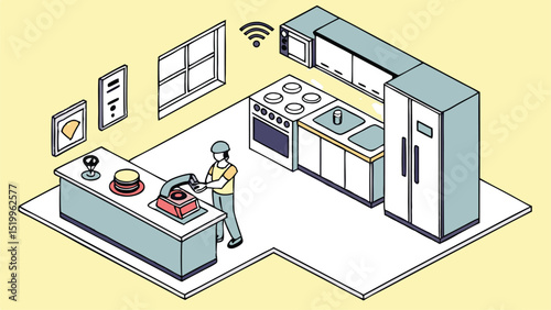 Isometric kitchen design with smart appliances and worker illustration for interior concept