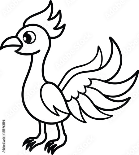 Line Drawing of a Stylized Phoenix in Black and White for Coloring Activities