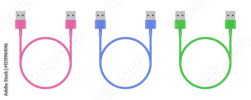 Pink, blue and green USB cables. USB plugs with wire loops