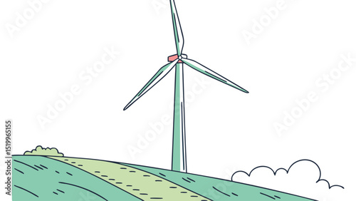 Wind turbine on a hill illustration for renewable energy wind power sustainable energy and green technology concept