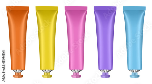 Set of metal cosmetic tubes with small screw cap. 3d mockup. Orange, yellow, pink, purple and blue colors. Hand cream, mask or lotion.	
