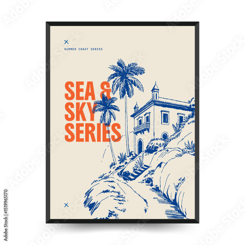 Editable vector poster with summer themes: beach, sea, sun, waves, umbrellas. Minimalist style, easy to customize, ideal for print, decor, and social media.