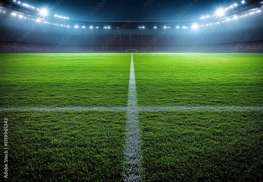 Obraz premium Night Stadium Green Field Under Bright Lights, Empty Seats