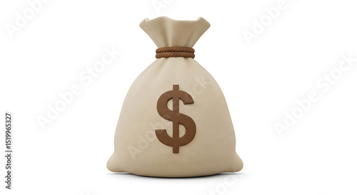 Professional 3D Render of Generic Money Bag Emoji, Stylized Canvas Bag with Dollar Sign Isolated on White Background