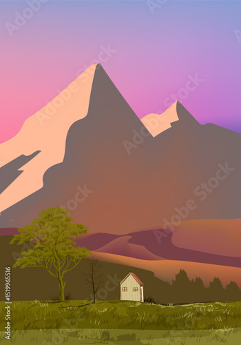 Landscape scene with mountain peaks, hill, lake vector illustration background.