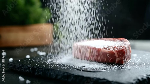 Porterhouse steak mid-rest on black stone, with melted fat pooling at base, salt raining down, background hints at rustic steakhouse decor