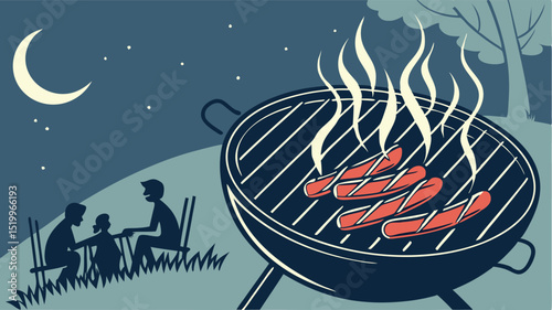 Family barbecue at night illustration, outdoor grilling, sausages on grill, summer picnic, moon and stars