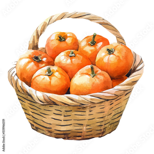 American Persimmon Fruit Basket, watercolor drawing vector, high quality, isolated on a white background.