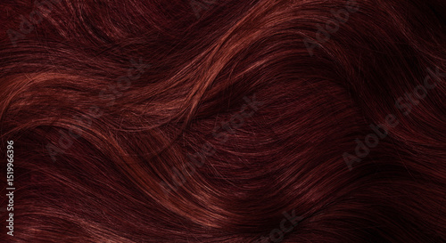 Dark red hair close-up as a background. Women's long brown hair. Beautifully styled wavy shiny curls. Coloring hair with bright shades. Hairdressing procedures, extension.