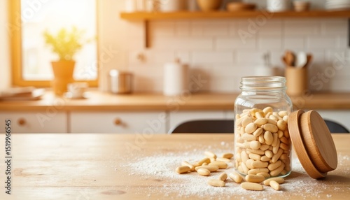 Glass jar filled with pine nuts sits on a wooden kitchen table, surrounded by scattered nuts and a warm, inviting kitchen atmosphere with natural light