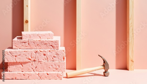 Stacked pink foam blocks with a hammer resting beside them on a pastel background, showcasing construction materials and tools for building and renovation projects