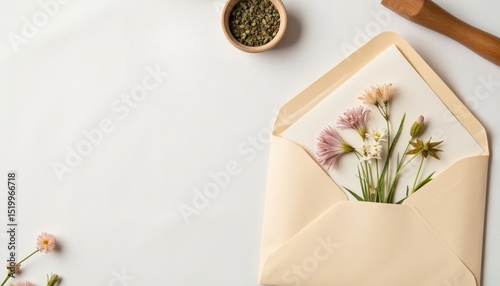 Envelope with pastel flowers arranged inside, surrounded by scattered petals, a small pot of herbs, and a wooden tool, creating a serene and inviting atmosphere for floral arrangements